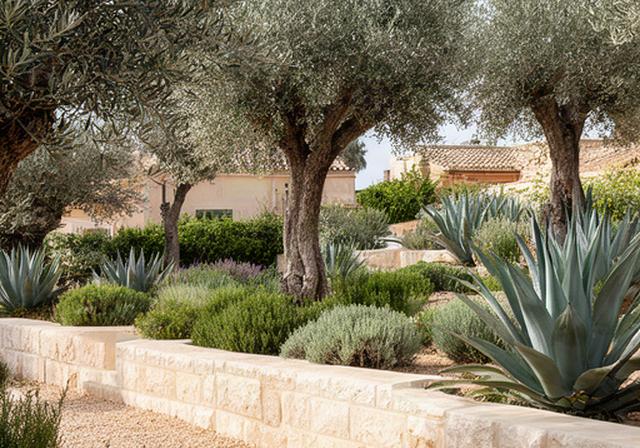 Giardino privato a Modica con ulivi adulti, agavi e muretto in pietra chiara