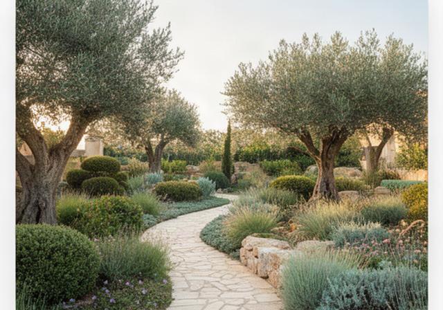 Dettaglio di un giardino mediterraneo a Modica con sentiero in pietra, ulivi e vegetazione curata