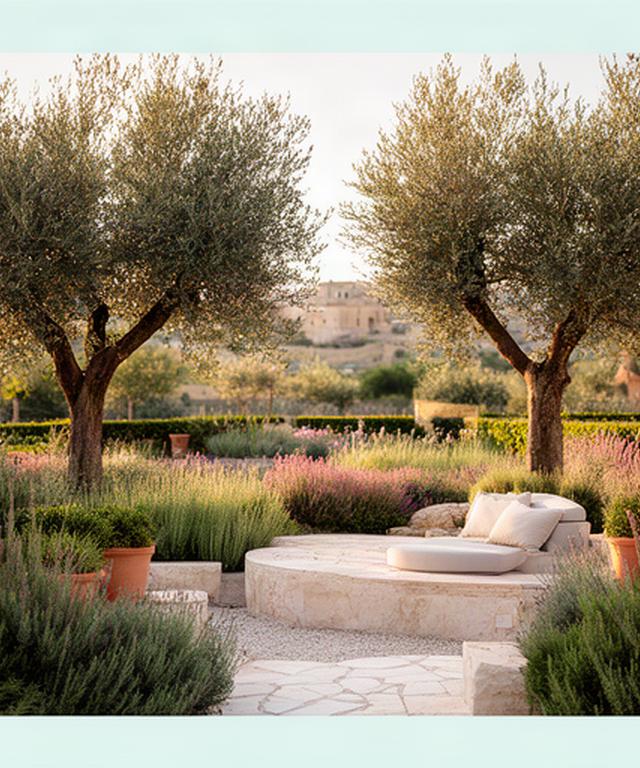 Giardino mediterraneo a Modica con ulivi, bordure aromatiche e area relax in pietra chiara
