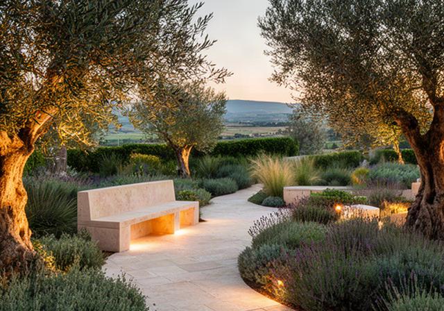Giardino mediterraneo a Modica con sedute in pietra, ulivi e percorso illuminato