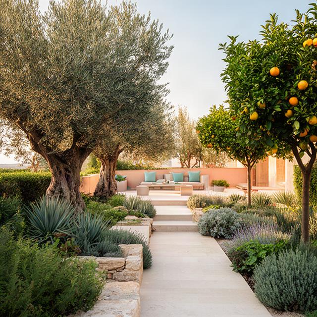 Giardino mediterraneo a Modica con ulivi, agrumi, pietra bianca e luce del pomeriggio