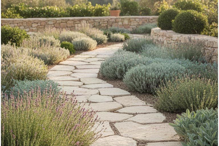 Dettaglio di un giardino mediterraneo a Modica con sentiero in pietra, piante aromatiche e luce naturale