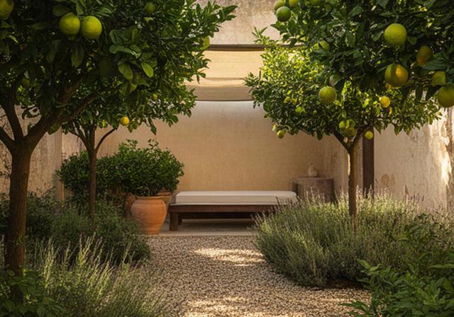 Angolo verde di una casa in provincia di Ragusa con limoni, ghiaia e seduta ombreggiata