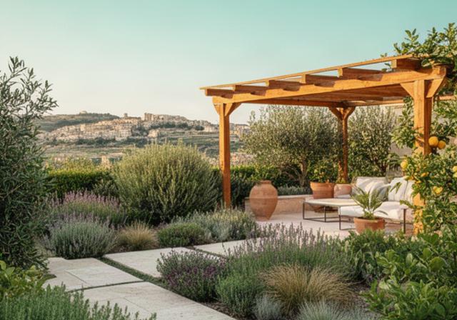 Giardino mediterraneo a Modica con pergola in legno, piante aromatiche e pavimentazione in pietra chiara