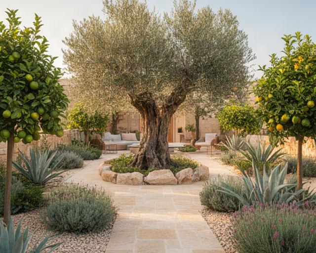 Giardino mediterraneo a Modica con ulivo, agrumi e camminamento in pietra locale